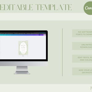 May include: A computer monitor shows a DIY editable template with a green and white design. The image includes text that says "No software or fonts to download," "Unlimited downloads," and "Edit texts, fonts and colours."