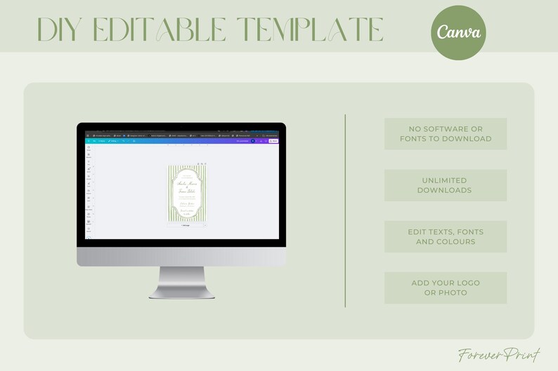 May include: A computer monitor shows a DIY editable template with a green and white design. The image includes text that says "No software or fonts to download," "Unlimited downloads," and "Edit texts, fonts and colours."
