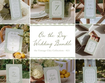 On the Day Wedding Bundle,  Green Stripes Elegant Wedding Signs Bundle, Classic Wedding Stationery, Editable Template, Hand drawn 021
