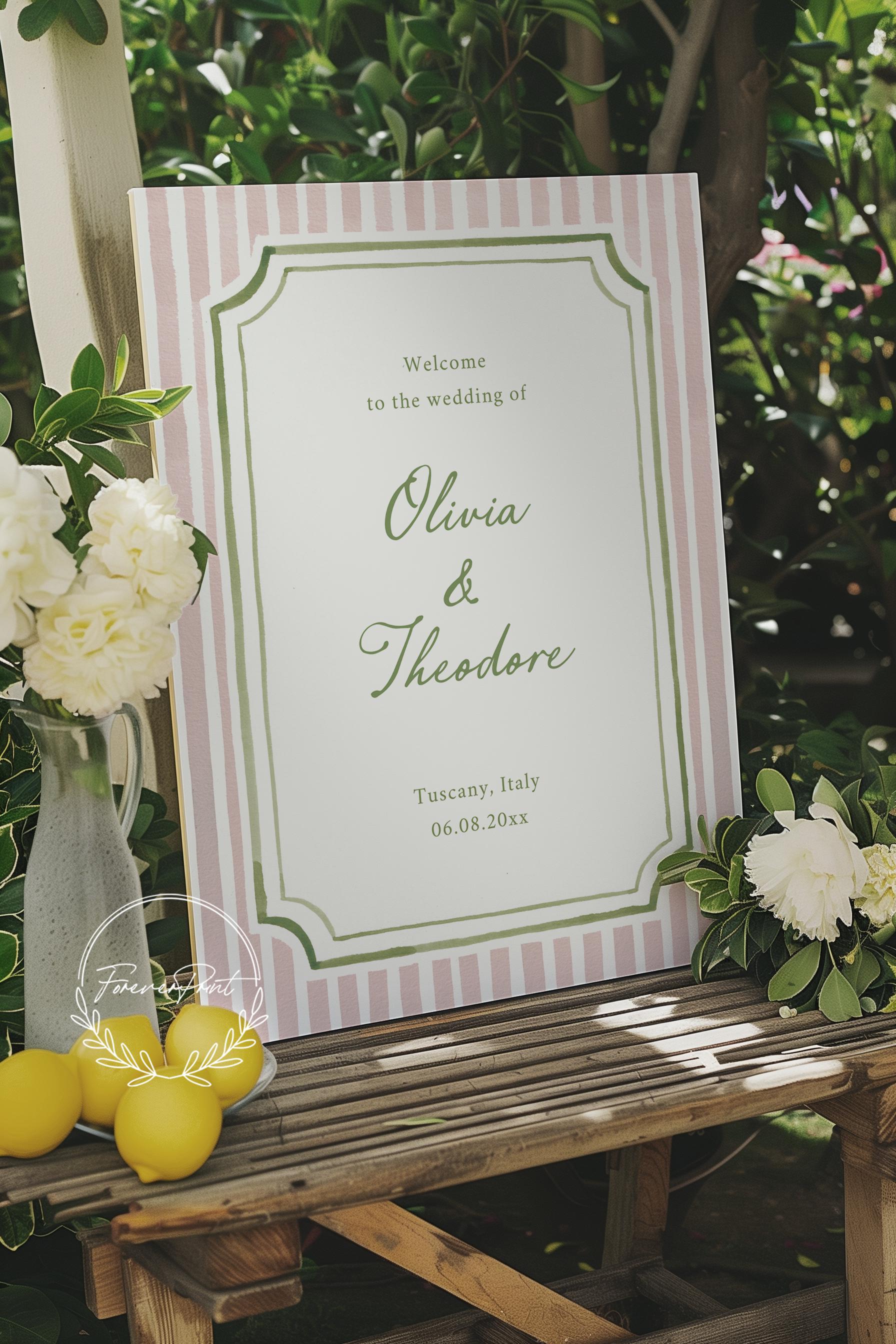 Pink Striped Wedding Welcome Sign Template, Watercolor Border Sign ...
