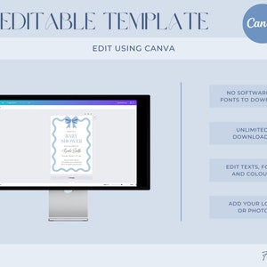 Peut inclure: Un mod&egrave;le d'invitation de f&ecirc;te pr&eacute;natale bleu et blanc avec un n&oelig;ud bleu sur le dessus. Le mod&egrave;le est modifiable avec Canva et comprend le texte "BABY SHOWER".