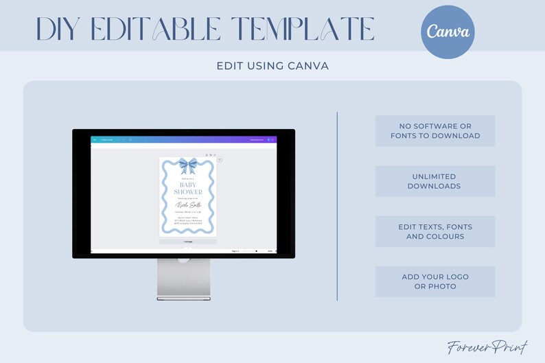 Peut inclure: Un mod&egrave;le d'invitation de f&ecirc;te pr&eacute;natale bleu et blanc avec un n&oelig;ud bleu sur le dessus. Le mod&egrave;le est modifiable avec Canva et comprend le texte "BABY SHOWER".