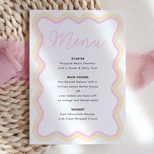 Plantilla de menú ondulado, Dibujado a mano, Menú de boda/despedida de soltera, Imprimible, Plantilla digital, DESCARGA INSTANTE, Curvas onduladas, Ondulado, Garabato