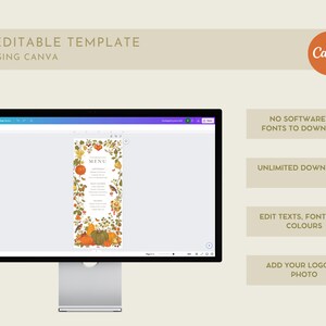 May include: A computer screen displaying a Canva design template for a fall-themed menu. The template features a white background with a border of autumn leaves, pumpkins, and berries. The word "MENU" is written in a brown font at the top of the template.