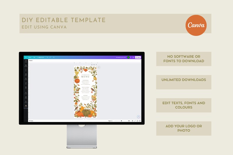 May include: A computer screen displaying a Canva design template for a fall-themed menu. The template features a white background with a border of autumn leaves, pumpkins, and berries. The word "MENU" is written in a brown font at the top of the template.