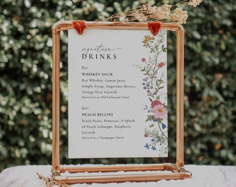 Wildflower Signature Drinks Sign, Printable Drinks Sign, Editable Bar Menu, Signature Drink Menu, Cocktail Menu, Floral Garden Wedding WH1