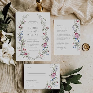 Wildflower Wedding Invitation Template, Printable Wedding Invitation, Wedding Invitation, Pink Wildflower Invitation, Floral Wreath, BETH