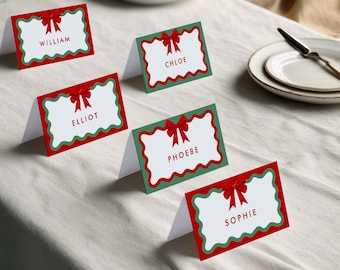 Christmas Menu Place Cards Template, Curvy Waves Menu, Printable Christmas Menu, Editable Template, Table Cards, Name Cards, Bow, CC24