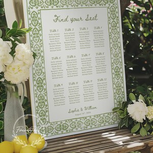 May include: A wedding seating chart with a green floral border and the words "Find your Seat." The chart lists names under table numbers 1-12. The names are in a serif font. The date August 16, 2026 is at the bottom.