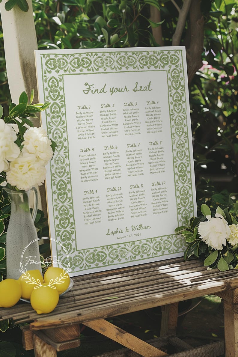 May include: A wedding seating chart with a green floral border and the words "Find your Seat." The chart lists names under table numbers 1-12. The names are in a serif font. The date August 16, 2026 is at the bottom.
