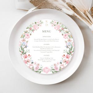 Szablon okrągłego menu obiadowego, 8-calowe okrągłe menu weselne, okrągłe menu pastelowe kwiaty polne, menu na przyjęcie ogrodowe, menu kwiatów boho, pastelowy róż KIARA