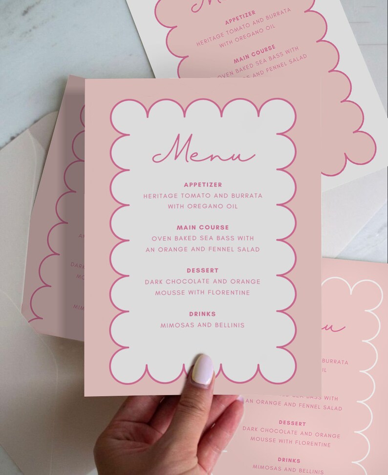 Pink Scalloped Menu Placecard Template, Instant Download Editable Menu ...