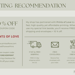 May include: A green and white graphic with the text "PRINTING RECOMMENDATION" at the top. The graphic advertises a 10% off coupon code for Prints of Love, a printing service. The graphic includes icons for fast and free shipping, free envelopes, and eco-friendly printing.