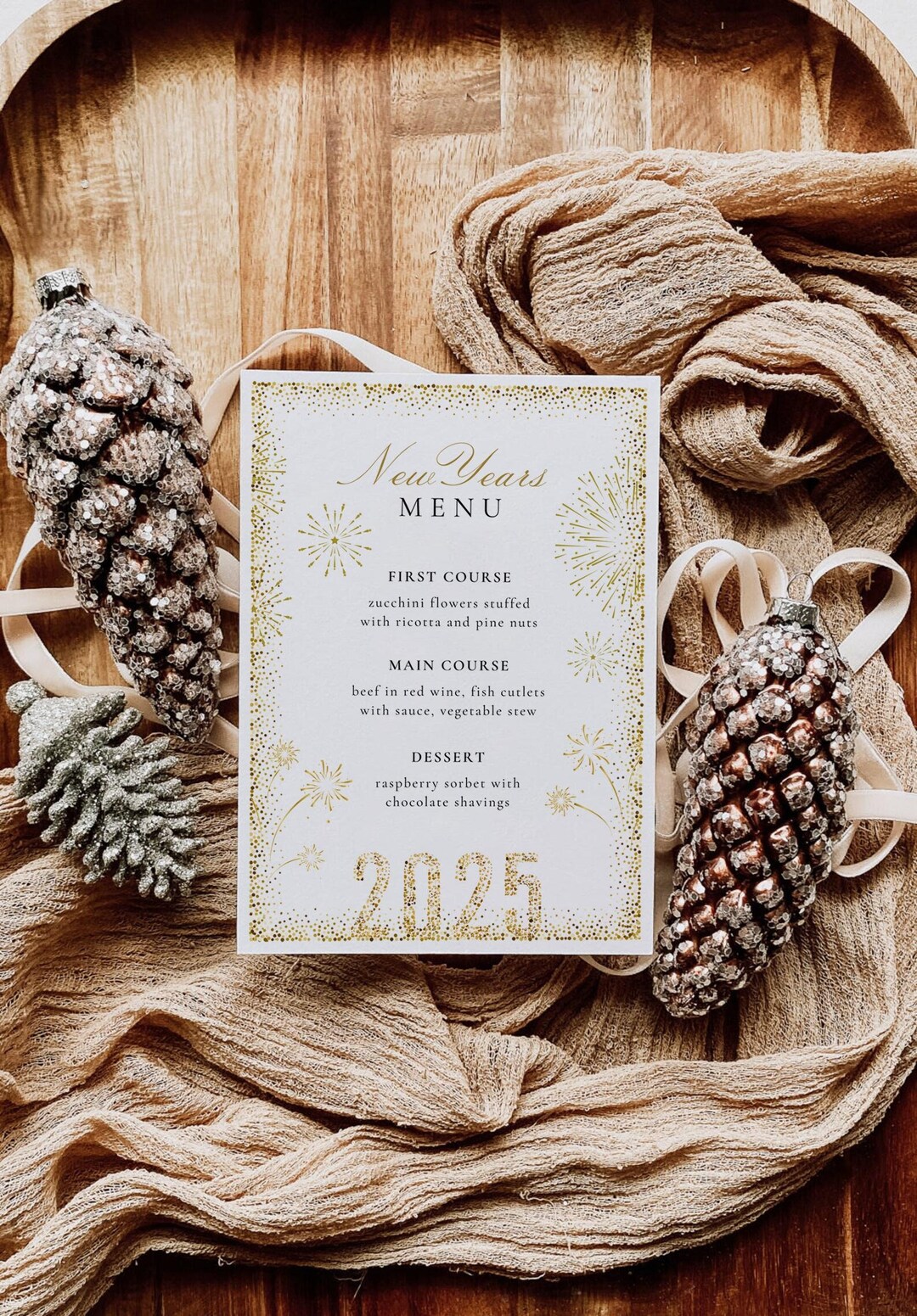Editable New Years Menu Template 2025 Gold Border Holiday Party Menu ...