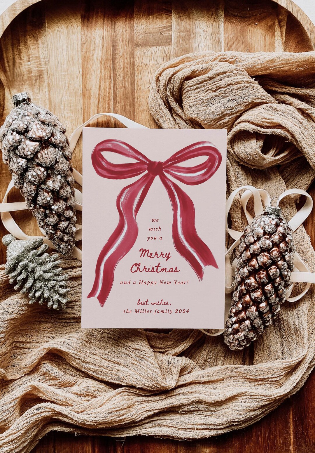 Editable Christmas Card Template With Red Ribbon Bow Design, Printable ...