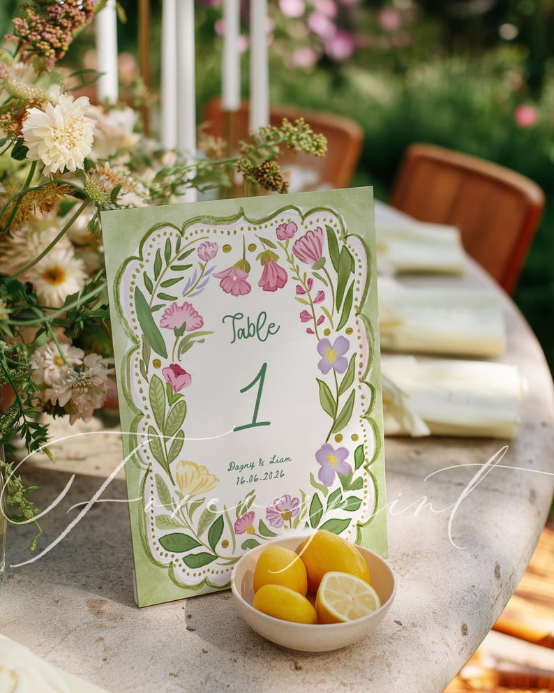 Green Floral Table Number Template, Hand Drawn, Printable Table Sign ...