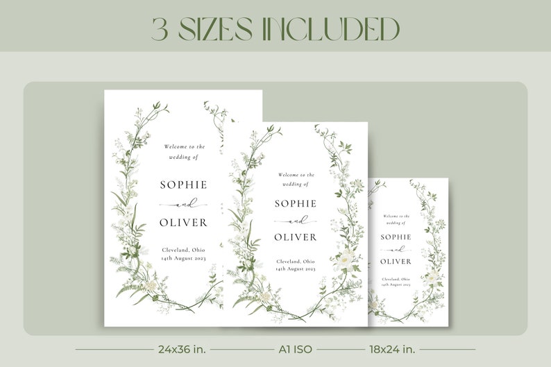 Pode incluir: Tr&ecirc;s modelos de cartazes de casamento imprim&iacute;veis com um design de coroa de flores. Os cartazes dizem "Bem-vindos ao casamento de Sophie e Oliver" com a data e o local. Os tamanhos s&atilde;o 61x91 cm, A1 ISO e 46x61 cm.