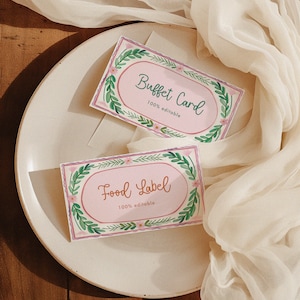Plantilla de tarjeta de comida floral, tarjetas de buffet coloridas, borde floral, tarjetas de mesa florales, etiqueta de comida imprimible, plantilla editable