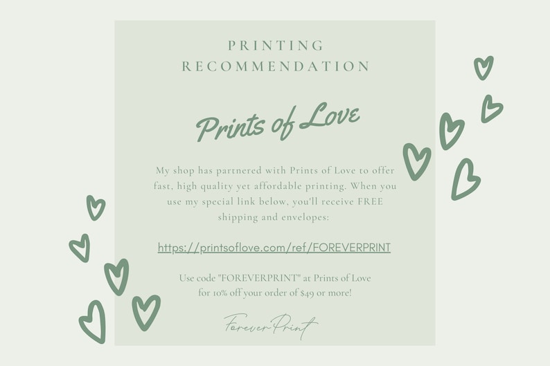 K&ouml;nnte beinhalten: Eine gr&uuml;ne und wei&szlig;e Grafik mit dem Text "Prints of Love" und einem Link zur Website printsoflove.com. Die Grafik enth&auml;lt auch den Text "FOREVERPRINT" und Anweisungen zur Verwendung des Codes f&uuml;r einen Rabatt auf Bestellungen ab 49&nbsp;&euro;.