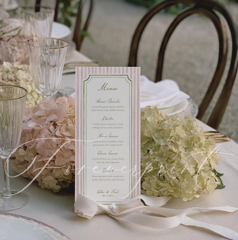 May include: A menu card with a pink and white striped background and a decorative border. The menu lists several courses, including Amuse-Bouche, Starter, Main Course, and Cheese Course. The menu is for Allen & Nik, dated 09-13-2024.