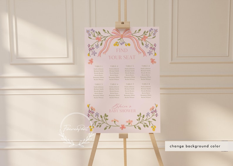May include: A pink floral seating chart with a pink ribbon and the text "Find Your Seat" and "Baby Shower". The chart lists table numbers and guest names.