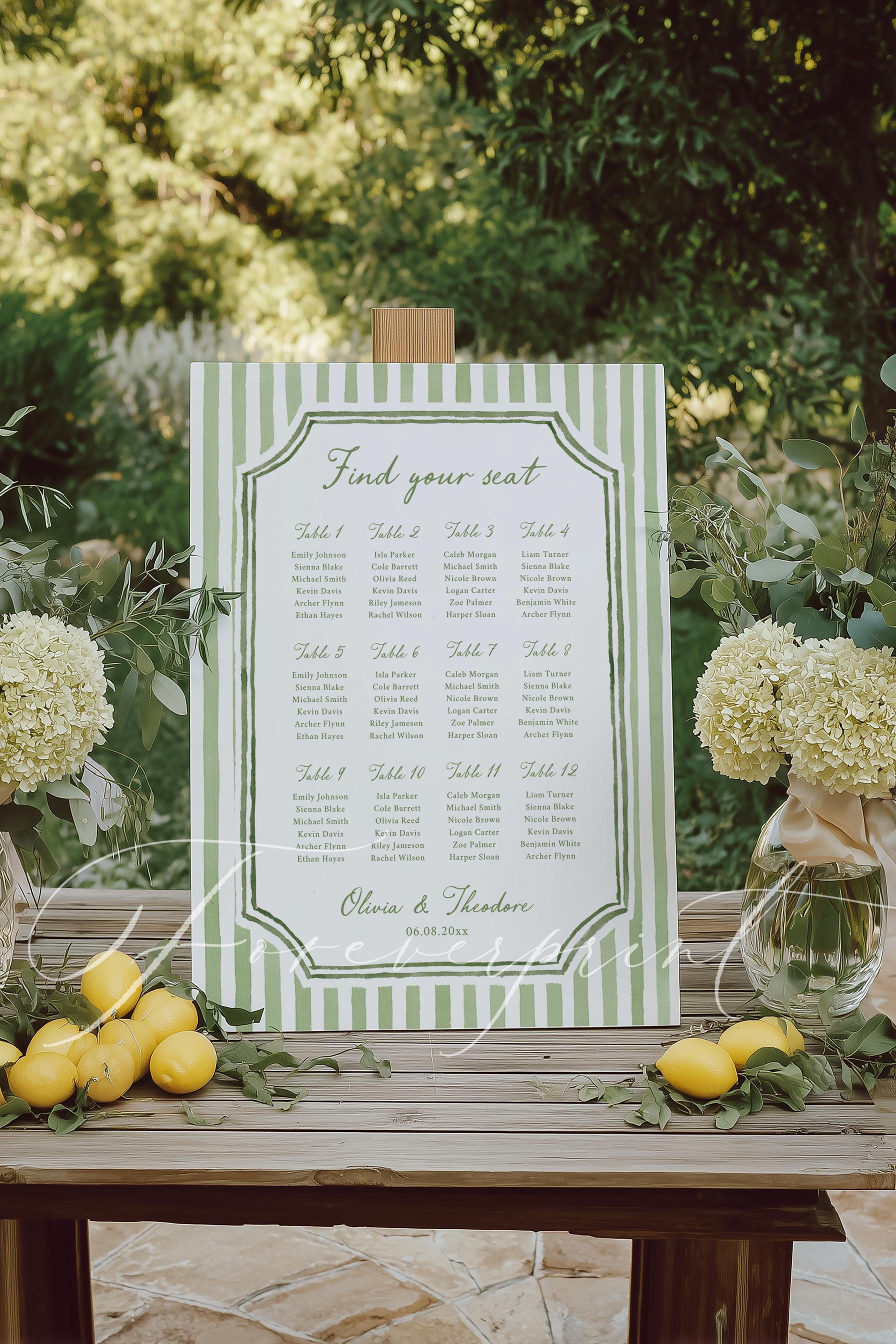 Plantilla clásica de plano de asientos para boda, letrero vintage para boda, imprimible y editable, acuarela con rayas verde salvia, descarga instantánea, 021