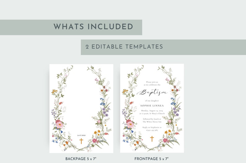 May include: Two printable baptism invitation templates featuring a floral wreath with a cross. The front page includes the text "Please join us as we celebrate the Baptism of our daughter Sophie Linnea". The back page is blank.