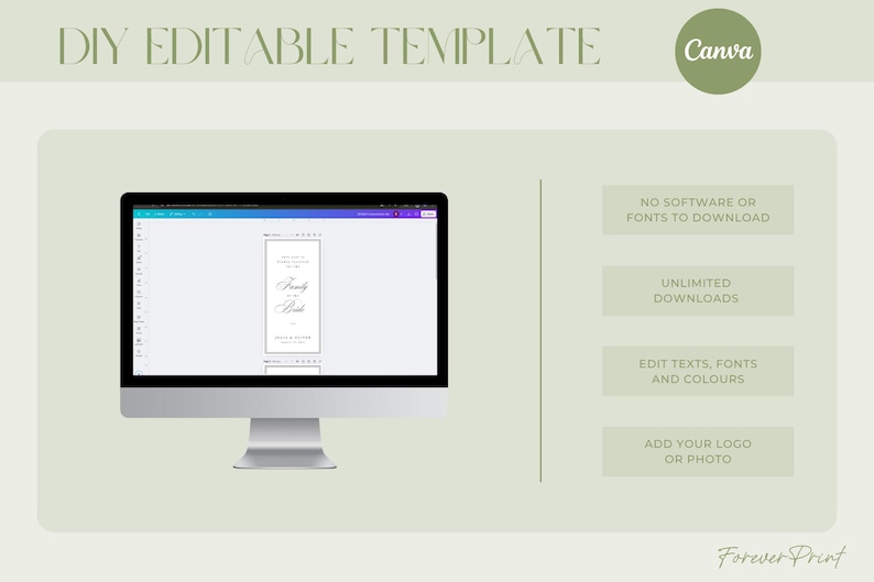 May include: A computer monitor displays a DIY editable template with the text "Family is the Best". The image includes the Canva logo and text describing features like no software download, unlimited downloads, and editing options.