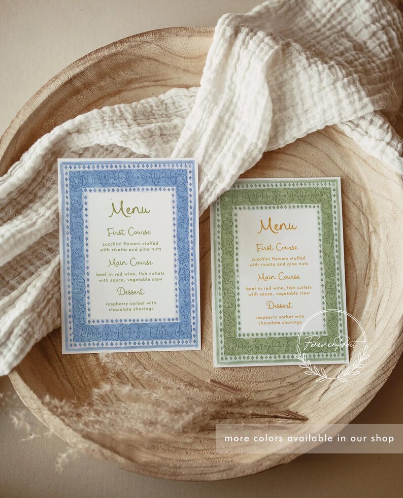 Menu First Course Layout Blue Watercolor Floral Border Menu Template, Rustic Boho Wedding or ...