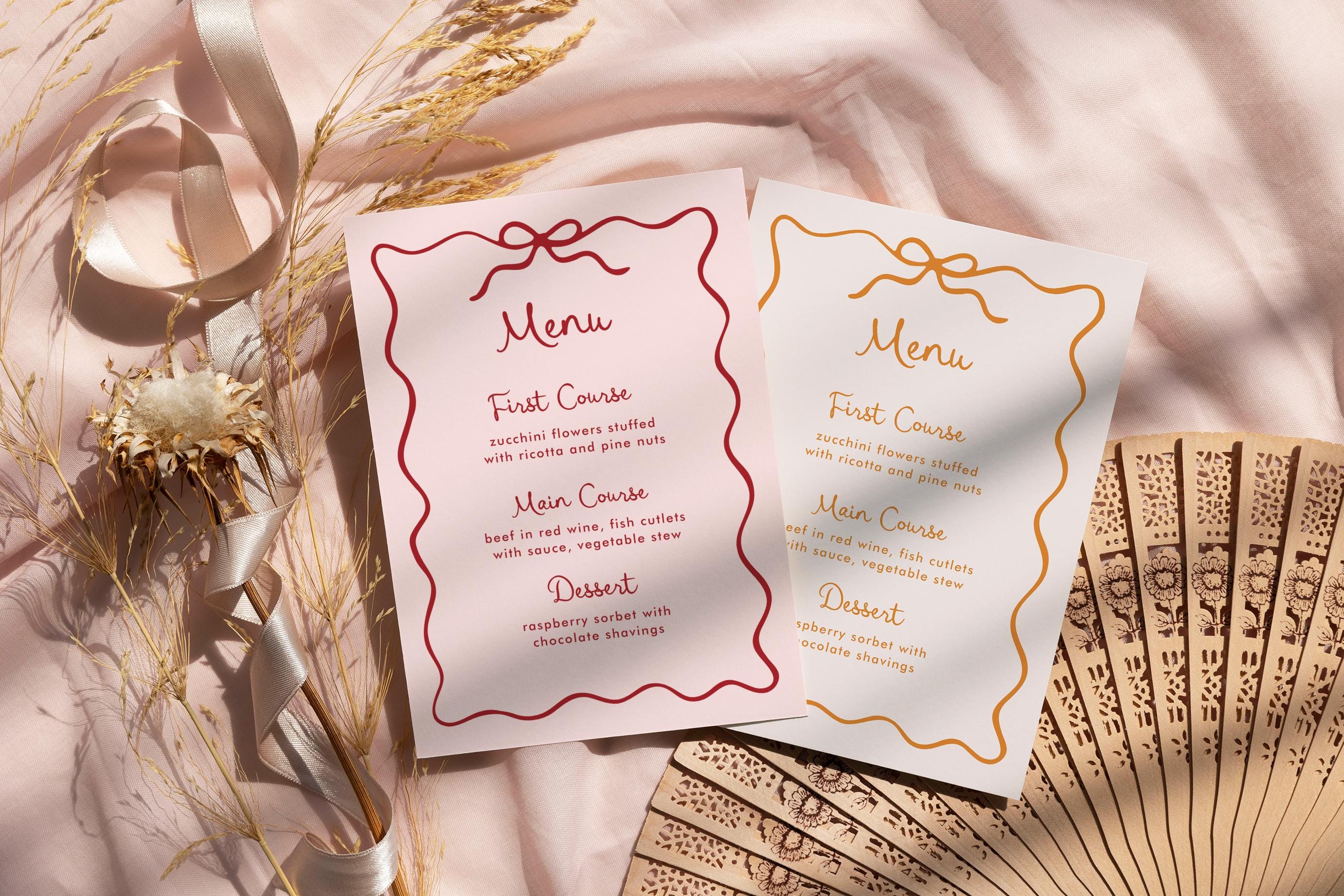 Curvy Bow Menu Template, Hand Drawn, Wedding/bridal Shower Menu ...