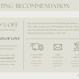 Puede incluir: Un gr&aacute;fico verde y blanco con el texto "PRINTING RECOMMENDATION" en la parte superior. El texto "10% OFF COUPON CODE" est&aacute; en la esquina superior izquierda. El texto "PRINTS OF LOVE" est&aacute; en la esquina inferior izquierda. El texto "www.printsoflove.com /ref/ForeverPrint" est&aacute; debajo del texto "PRINTS OF LOVE". El texto "Use coupon code: FOREVERPRINT during checkout for 10% off your order." est&aacute; en la esquina inferior izquierda. El texto "My shop has partnered with Prints of Love to offer fast, high quality yet affordable printing. When you use my special link beside, you'll receive FREE shipping and envelopes + 10% off." est&aacute; en la esquina superior derecha. El texto "FAST & FREE SHIPPING FREE 2-3 day shipping within the US" est&aacute; en la esquina inferior izquierda. El texto "FREE ENVELOPES Receive free envelopes with your order." est&aacute; en el centro inferior. El texto "ECO FRIENDLY A tree is planted in your name when you place your order!" est&aacute; en la esquina inferior derecha. El texto "Forever Print" est&aacute; en la esquina inferior derecha.