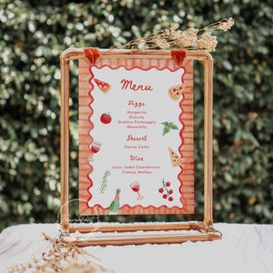 Pizza menusjabloon, handgetekende aquarel, afdrukbaar dinermenu, bewerkbare sjabloon, INSTANT DOWNLOAD, Italiaans menu, menu Pizza Party
