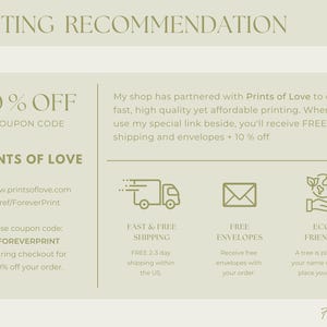 Op de afbeelding: Een groene en witte grafiek met de tekst "PRINTING RECOMMENDATION" bovenaan. De tekst "10% OFF COUPON CODE" staat in de linkerbovenhoek. De tekst "PRINTS OF LOVE" staat in het midden van de grafiek. De tekst "www.printsoflove.com /ref/ForeverPrint" staat onder de tekst "PRINTS OF LOVE". De tekst "Use coupon code: FOREVERPRINT during checkout for 10% off your order." staat in de linkerbenedenhoek. De tekst "My shop has partnered with Prints of Love to offer fast, high quality yet affordable printing. When you use my special link beside, you'll receive FREE shipping and envelopes + 10% off." staat in de rechterbovenhoek. De tekst "FAST & FREE SHIPPING FREE 2-3 day shipping within the US" staat in de linkerbenedenhoek. De tekst "FREE ENVELOPES Receive free envelopes with your order." staat in het midden onderaan. De tekst "ECO FRIENDLY A tree is planted in your name when you place your order!" staat in de rechterbenedenhoek. De tekst "Forever Print" staat onderaan de grafiek.