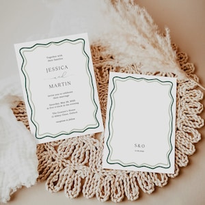 May include: A wedding invitation with a green and white border. The invitation reads "Together with their families Jessica and Martin invite you to celebrate their marriage Saturday, May 28, 2023 at five o'clock in the evening The Cosener's House 15 Abbey Close, Oxford reception to follow". A second card with a similar border reads "S&O 14.06.2023".