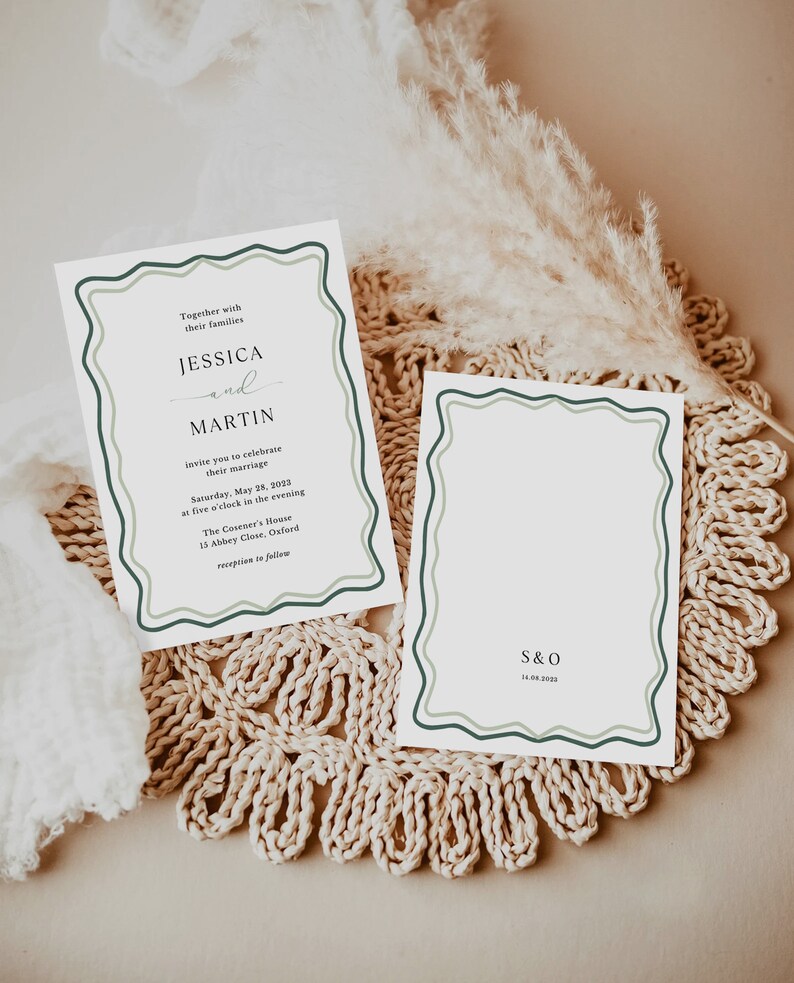 May include: A wedding invitation with a green and white border. The invitation reads "Together with their families Jessica and Martin invite you to celebrate their marriage Saturday, May 28, 2023 at five o'clock in the evening The Cosener's House 15 Abbey Close, Oxford reception to follow". A second card with a similar border reads "S&O 14.06.2023".