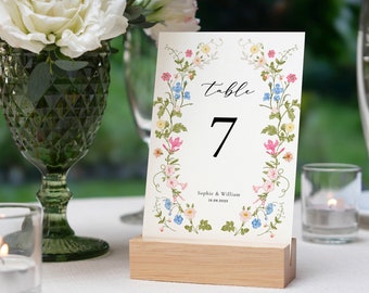 Wildblumen Hochzeit Tischnummern Vorlage, druckbare Tischnummern, Hochzeit Tischnummern, Pastell Wildblumen Einladung, Blumenkranz ROSIE