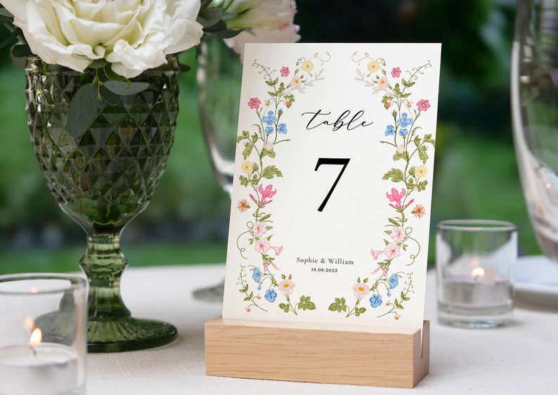 Wildflower Wedding Table Numbers Template, Printable Table Numbers, Wedding Table Numbers, Pastel Wildflower Invitation, Floral Wreath ROSIE image 1