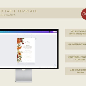 Pu&ograve; includere: Uno schermo di computer che mostra un modello di design Canva per un menu autunnale. Il menu presenta un design floreale con girasoli, fiori rossi e arancioni e foglie. Il testo "The Menu" &egrave; in cima al menu.