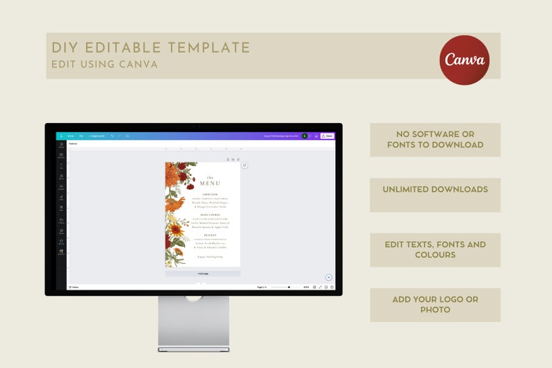 Pu&ograve; includere: Uno schermo di computer che mostra un modello di design Canva per un menu autunnale. Il menu presenta un design floreale con girasoli, fiori rossi e arancioni e foglie. Il testo "The Menu" &egrave; in cima al menu.