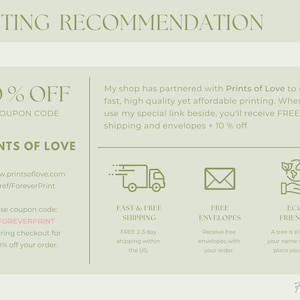 K&ouml;nnte beinhalten: Eine hellgr&uuml;ne Grafik mit dem Text &bdquo;DRUCKEMPFEHLUNG&ldquo; oben. Die Grafik enth&auml;lt Informationen zu Prints of Love, einen Gutscheincode f&uuml;r 10 % Rabatt sowie Details zu schnellem, kostenlosem Versand und umweltfreundlichen Praktiken.