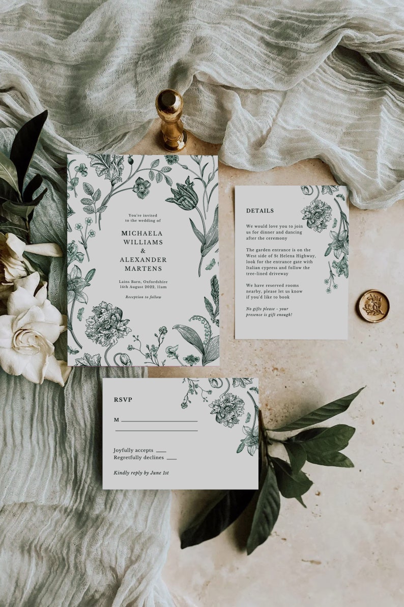 Elegant Greenery Wedding Invitation Template, Floral Green wedding invite, invitation template, Vintage invite template download SK23 image 1