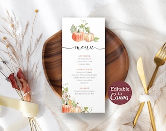 Thanksgiving Menu Card Template, Friendsgiving Menu Printable, Pumpkin Thanksgiving Dinner Menu, Instant Download