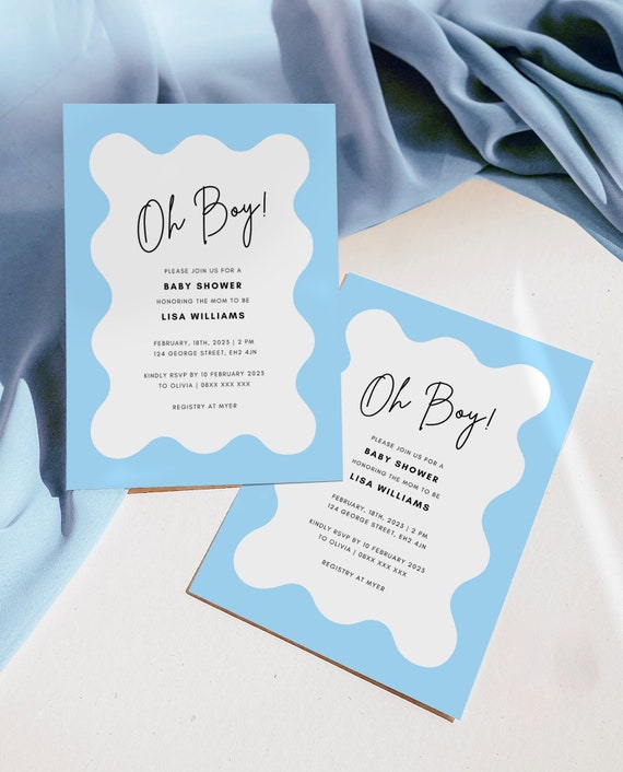 Editable Oh Boy Baby Shower Invitation, Blue Baby Shower Invitation, Blue Boy Invitation, Wavy Frame Invitation, Modern Babyshower Invite