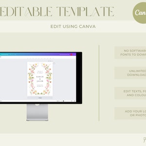 May include: A computer screen displaying a wedding invitation template with a floral border and the text "KARLIE & JACOB" in a pink and green colour scheme. The text "DIY EDITABLE TEMPLATE" is displayed at the top of the image, along with the Canva logo. The text "EDIT USING CANVA" is displayed below the template. The image also includes a list of features, including "NO SOFTWARE OR FONTS TO DOWNLOAD", "UNLIMITED DOWNLOADS", "EDIT TEXTS, FONTS AND COLOURS", and "ADD YOUR LOGO OR PHOTO". The text "Forever Print" is displayed at the bottom of the image.
