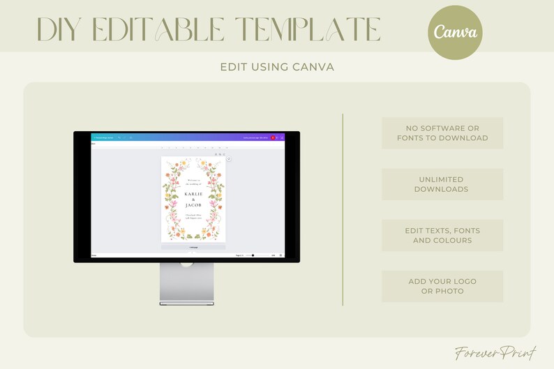 May include: A computer screen displaying a wedding invitation template with a floral border and the text "KARLIE & JACOB" in a pink and green colour scheme. The text "DIY EDITABLE TEMPLATE" is displayed at the top of the image, along with the Canva logo. The text "EDIT USING CANVA" is displayed below the template. The image also includes a list of features, including "NO SOFTWARE OR FONTS TO DOWNLOAD", "UNLIMITED DOWNLOADS", "EDIT TEXTS, FONTS AND COLOURS", and "ADD YOUR LOGO OR PHOTO". The text "Forever Print" is displayed at the bottom of the image.