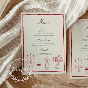 May include: A red and white wedding menu with a red border. The menu lists the starter, main course, and dessert. The starter is smoked salmon canapés with dill and stuffed mushrooms with cream cheese. The main course is roast beef with garlic mashed potatoes and lemon herb chicken with roasted vegetables. The dessert is champagne sorbet and tiramisu with espresso sauce. The menu is decorated with hand-drawn illustrations of candles, a wine bottle, and a vase of flowers.