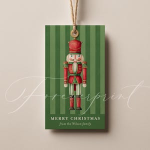 Editable Nutcracker Christmas Gift Tags Template, Printable Green Stripe Holiday Favor Tags Download