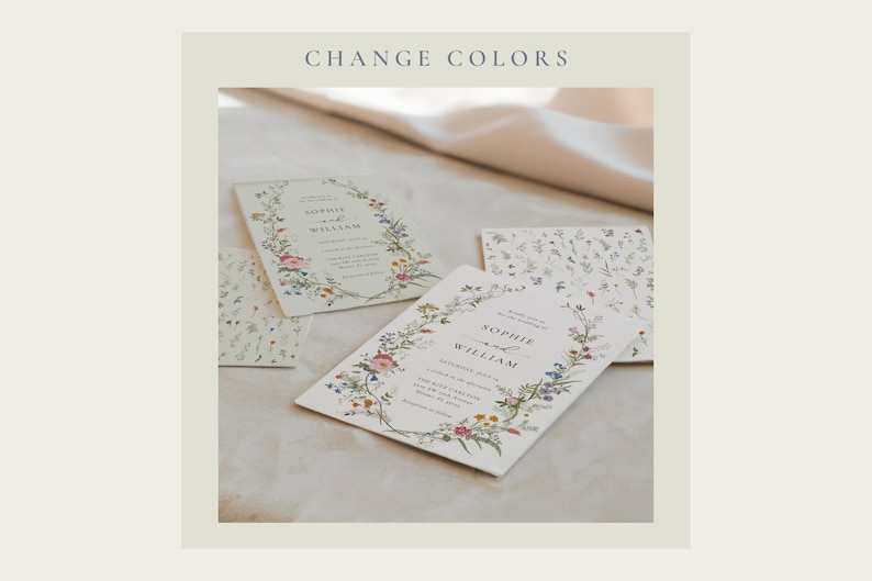 May include: Two wedding invitations with a floral wreath design. The invitations are printed on white cardstock with a light green background. The text on the invitations reads "Sophie and William".