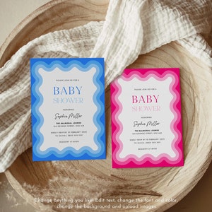 May include: Two baby shower invitations with blue and pink wavy borders. The invitations feature the text "Please join us for a Baby Shower" and "Honoring Sophie Miller". The invitations also include the location, date, and RSVP information.
