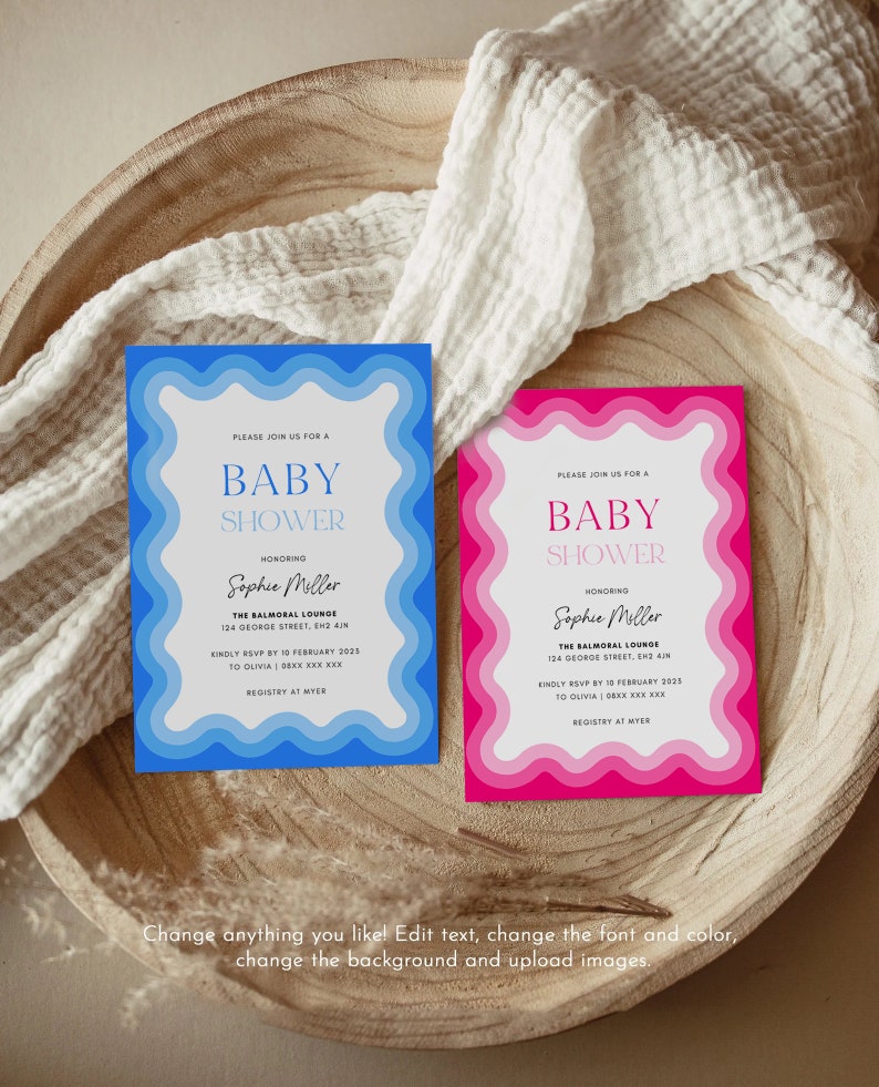 May include: Two baby shower invitations with blue and pink wavy borders. The invitations feature the text "Please join us for a Baby Shower" and "Honoring Sophie Miller". The invitations also include the location, date, and RSVP information.